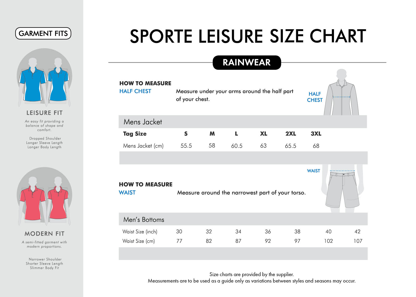 sporte leisure-wind & rain wear-mens size chart